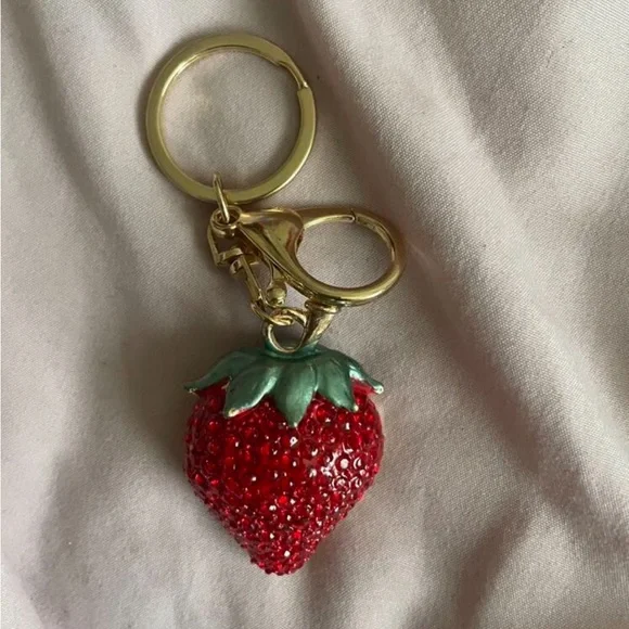 Sparkling Rhinestone Strawberry 🍓 Bag Charm Keychain with Gold Hardware NWT - Picture 8 of 8